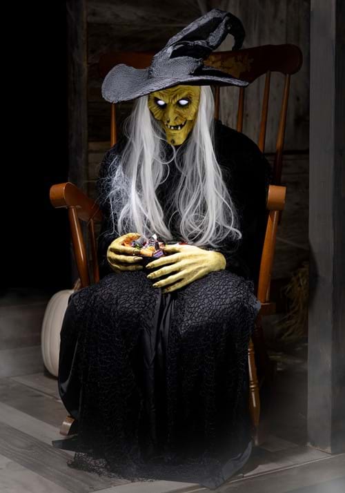 3.5FT Seated Witch Holding Candy Bowl Animatronic Decoration - US 8751