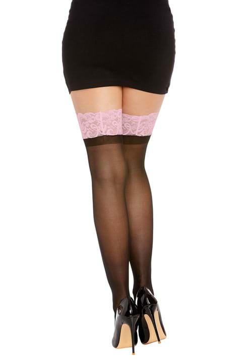 Anti-Slip Black with Pink Top and Bow Thigh High Stockings for Women - US 4467