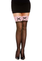 Anti-Slip Black with Pink Top and Bow Thigh High Stockings for Women - US 4467