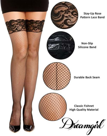Women's Black Fishnet Thigh High Stockings with Top Lace & Back Seam - US 4417