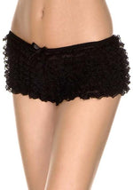Black Micro Lace Ruffle Tanga Shorts for Women - US 9884
