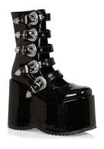Black Platform Buckle Strap Boots for Women - US 3510