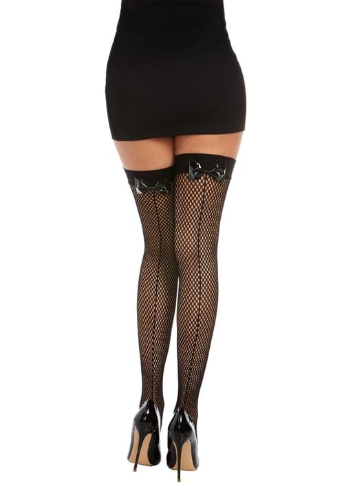 Women's Black Thigh High Fishnets with Back Seam and Bows - US 6497