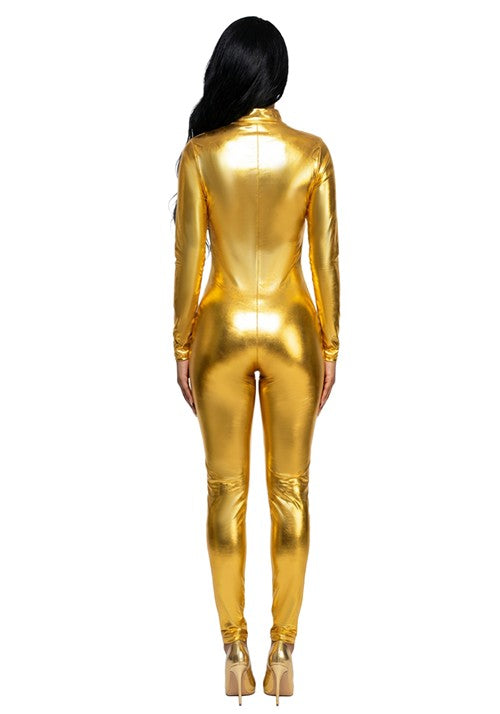 Women's Gold Lamé Metallic Zip Front Bodysuit Costume - US 8372