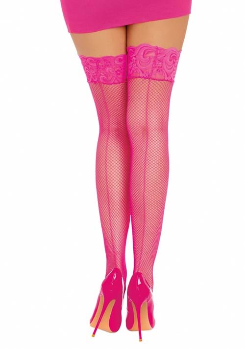 Hot Pink Thigh High Fishnet Stockings with Silicone Lace Tops and Back Seam for Women - US 4577