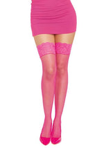Hot Pink Thigh High Fishnet Stockings with Silicone Lace Tops and Back Seam for Women - US 4577