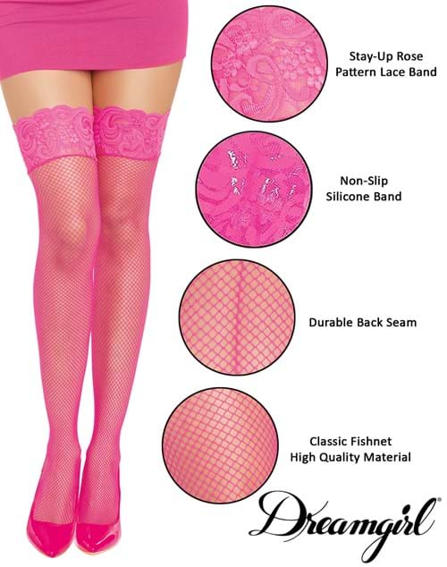 Hot Pink Thigh High Fishnet Stockings with Silicone Lace Tops and Back Seam for Women - US 4577