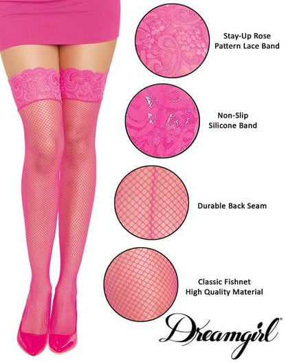 Hot Pink Thigh High Fishnet Stockings with Silicone Lace Tops and Back Seam for Women - US 4577