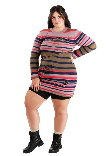 Plus Size Women's Astrid Striped Distressed Sweater Dress with Bike Shorts - US 1651
