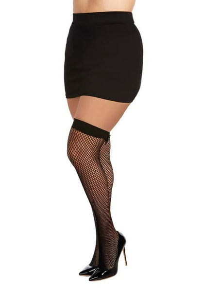 Women's Plus Black Thigh High Fishnets with Back Seam and Vinyl Bow - US 4152