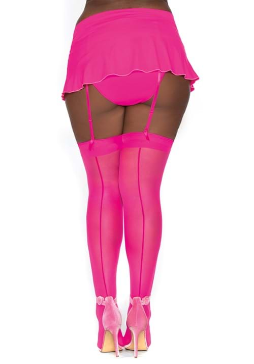 Plus Size Hot Pink Sheer Thigh High Nylon Stockings with Comfort Lace Top - US 7613