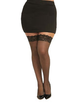 Plus Size Black Fishnet Women's Thigh High Stockings with Lace Top - US 8073