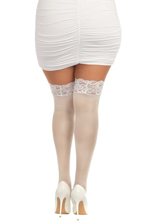 Women's Plus Size White Anti-Slip Thigh High Stockings with Lace - US 6545