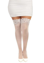 Women's Plus Size White Anti-Slip Thigh High Stockings with Lace - US 6545