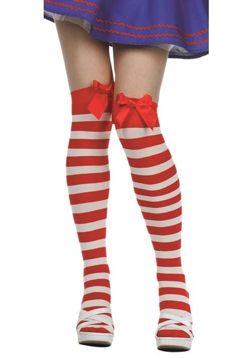 Women's Red/White Thigh High Rag Doll Costume Socks - US 7879