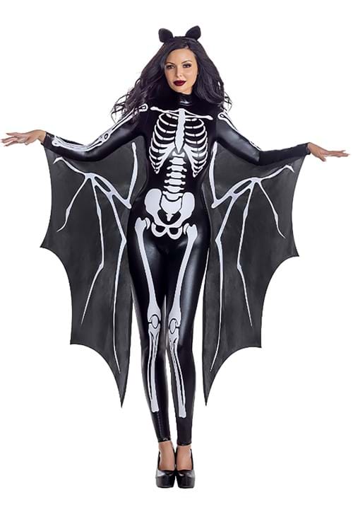 Women's Sexy Skeleton Bat Jumpsuit Costume with Attached Wings - US 3012