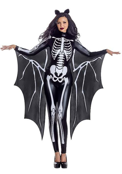 Women's Sexy Skeleton Bat Jumpsuit Costume with Attached Wings - US 3012
