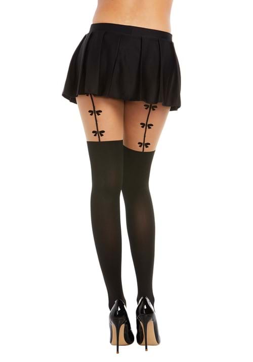 Women's Sheer Beige and Black Nylon Pantyhose with Thigh High Detail - US 7181