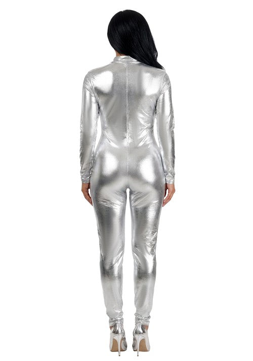 Women's Silver Lamé Metallic Zip Front Bodysuit Costume - US 1840