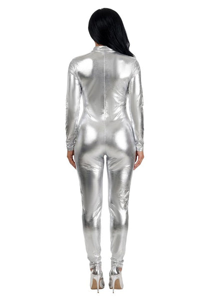 Women's Silver Lamé Metallic Zip Front Bodysuit Costume - US 1840