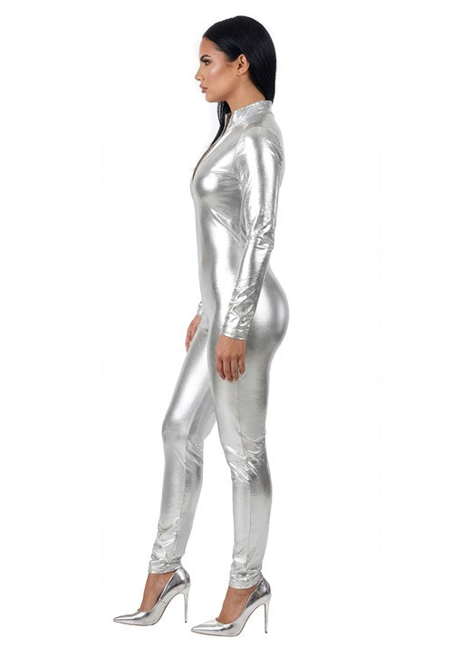 Women's Silver Lamé Metallic Zip Front Bodysuit Costume - US 1840
