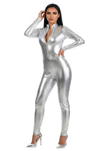 Women's Silver Lamé Metallic Zip Front Bodysuit Costume - US 1840