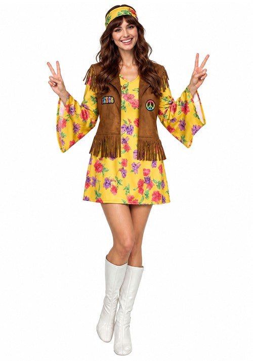 Women's Yellow Flower Hippie Costume Dress - US 6221